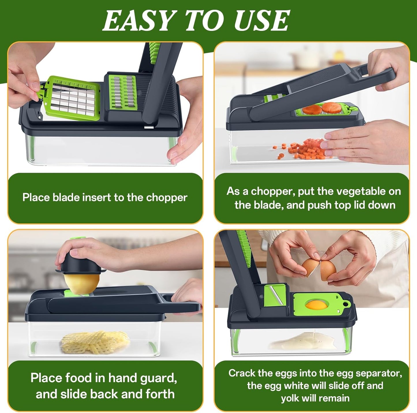 HomeHacks Vegetable Chopper Vegetable Cutter, 12 in 1 Kitchen Gadget, Dicer, Slicer, Onion Cutter, Salad, Cheese Grater & Egg Separator - Multi-Functional Veggie Chopper Lid with Handle (Green)