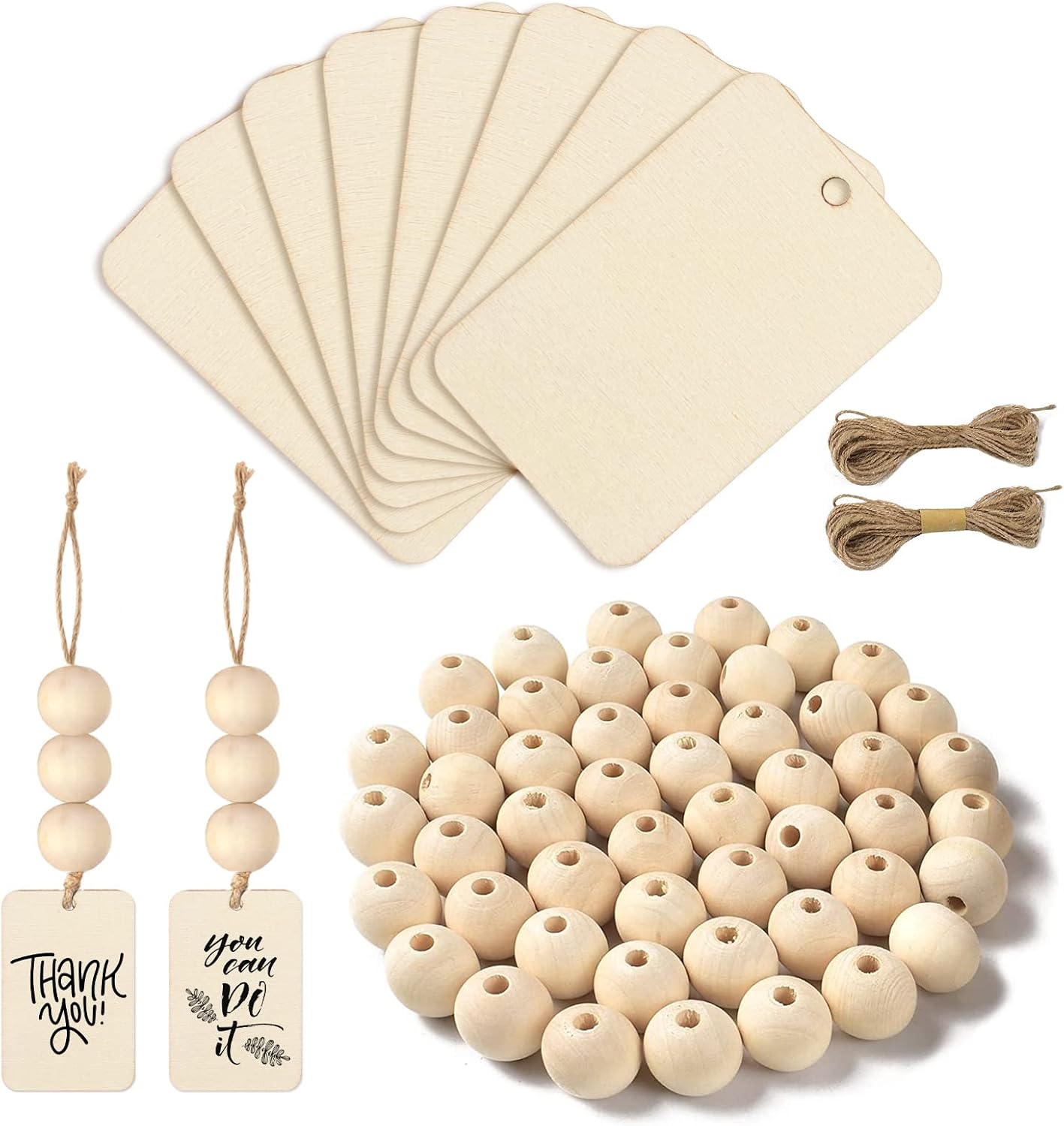 Luckforest 50 Pcs Rectangle Wooden Tags with Holes & 50 Pcs DIY Wooden Craft Beads & 28 Ft Jute Rope - Unfinished Craft Wood Wedding Birthday Party Decoration