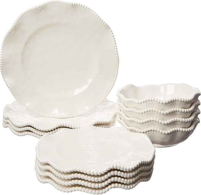Perlette Off-White Beaded 12-Piece Dinnerware Set – Includes 4 Dinner Plates, 4 Salad Plates, 4 Bowls (7.5" x 2", 22 oz) – Elegant Unbreakable Melamine, Heavyweight, Perfect for Indoor/Outdoor Dining