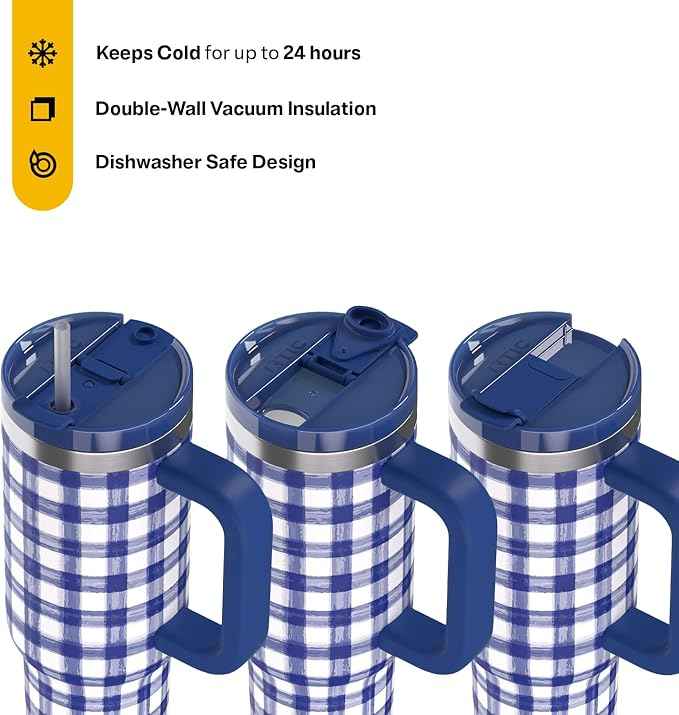 RTIC 30 oz Road Trip Tumbler Double-Walled Ceramic Lined InsulatedStainless Steel Portable Travel Coffee Mug Cup with Lid, Handle and Straw, Cobalt Gingham