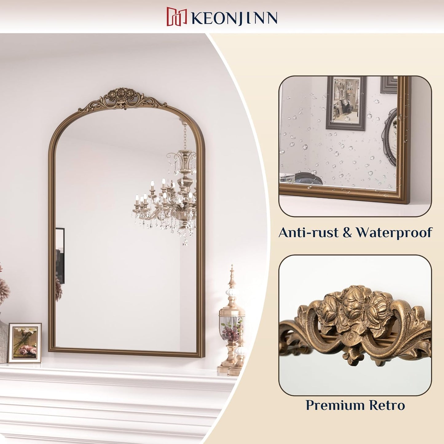 Keonjinn Gold Vintage Mirror for Wall, 36" x 30" Antique Arched Mirrors with Metal Frame, Baroque Style Decoration for Mantle, Bathroom, Living Room, Fireplace, Bedroom, French Cleat Mounting