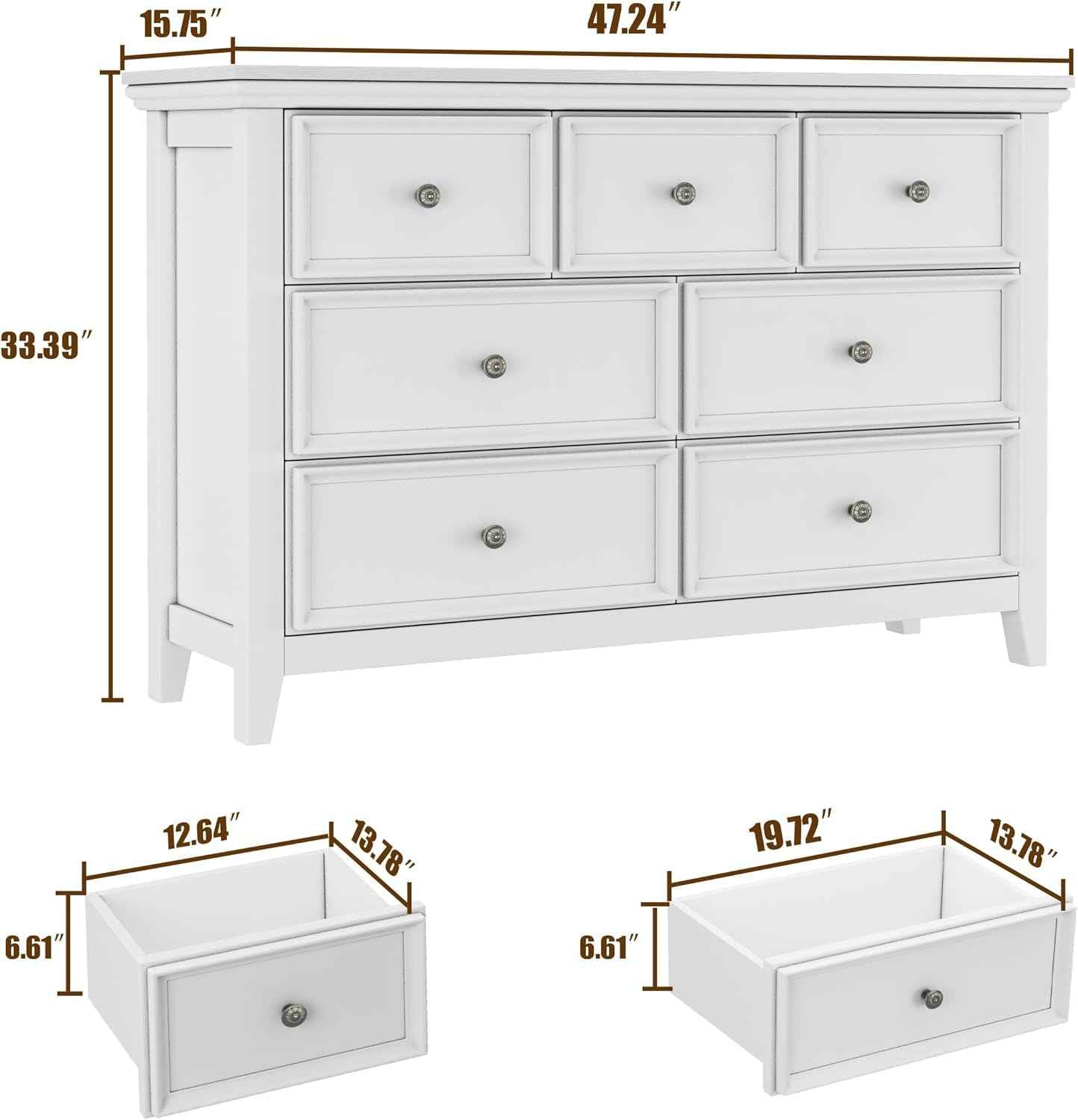 BLANKSPACE White 7 Drawer Dresser, Modern Dresser for Bedroom, Wood Drawer Organizer with Metal Knobs, Large Capacity Wood Cabinet for Bedroom, Hallway