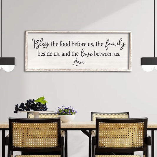 Bless the Food Before Us Sign Wall Decor 40"X15" Large Farmhouse Dining Room Wall Decor Framed Wood Rustic Home Wall Art Kitchen Decoration (White)