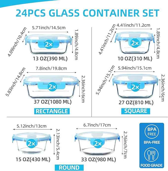 UMEIED 12 PACK Glass Food Storage Containers with Leak Proof Lids, Glass Airtight Meal Prep Containers Set for Lunch, On the Go, Leftover, Kitchen Pantry Organizers and Storage (Blue)
