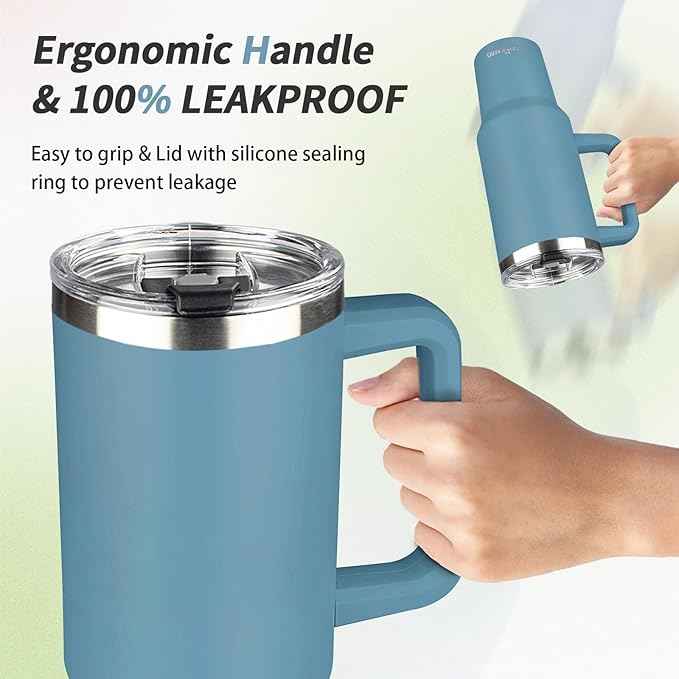 40 oz Tumbler with Handle, Insulated Tumbler with Lid and Straw, Reusable Stainless Steel Vacuum Insulated Cup, 100% Leak Proof Thermal Travel Coffee Mug Cup for Cold and Hot (Maya Blue)