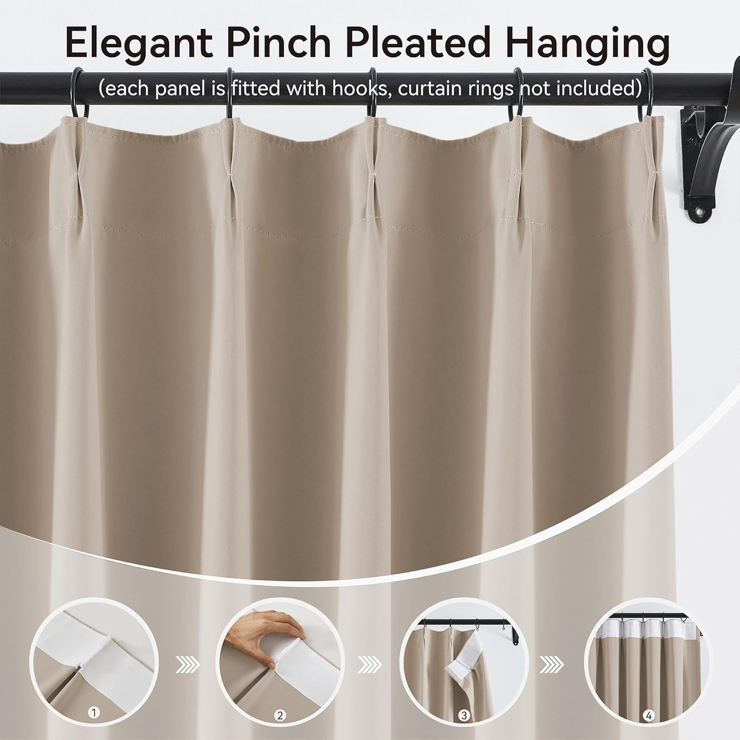 KangBang Taupe Pinch Pleated Blackout Curtains 96 Inches Long for Bedroom, Thermal Insulated Light Blocking Neutral Draperies Memory Shape Modern Decor with Adjustable Hooks,40x96 Inch,2 Panels