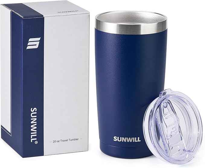 SUNWILL Travel Coffee Tumbler 20 oz, Insulated Mug with Lid, Stainless Steel Cup for Outdoor, Powder Coated Navy