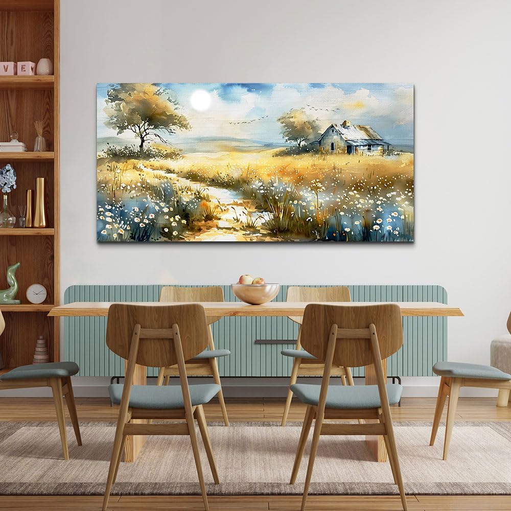 KELIYUAN Large Country Field Painter House Decorated Wildflower Field Landscape Painting Living Room Decorated Wall Art Modern Print Canvas Farmhouse Office Bedroom Wall Decorated 30 X 60 Inches