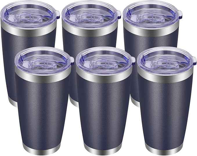 VEGOND 20oz Tumbler with Lid and Straw Stainless Steel Tumbler Cup Bulk Vacuum Insulated Double Wall Travel Coffee Mug Powder Coated Coffee Cup, Navy Blue, 6 Pack