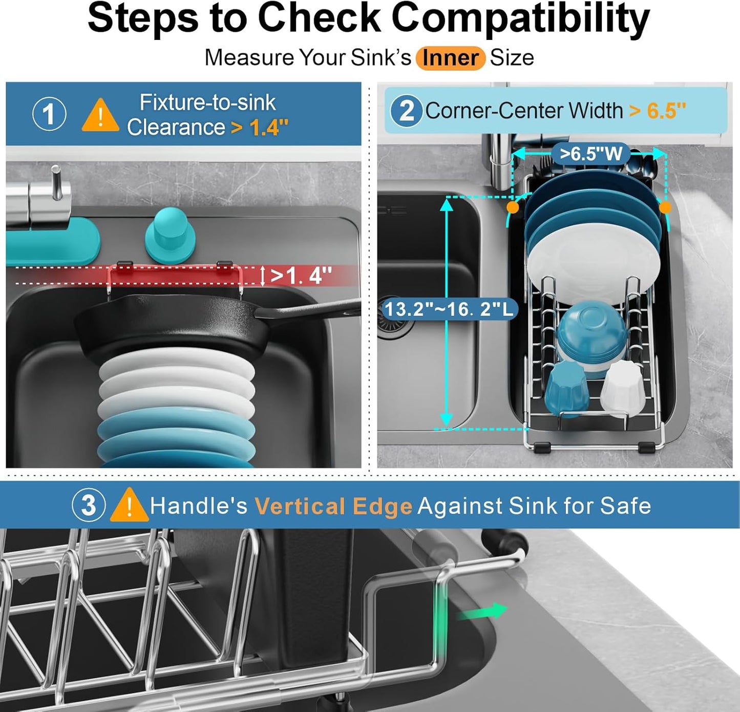 GSlife Small Dish Drying Rack for Counter, Stainless Steel Expandable Dish Drainer with Drain Board and 360° Swivel Spout, Compact for RV, Camper or Over Sink Use, 1-2 People, Narrow 6.5" W, Silver