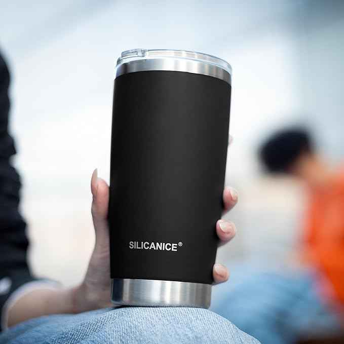 Coffee Tumbler 20 oz, Double Wall Stainless Steel Travel Coffee Mug with Removable Slider Lid, BPA Free, Car Cup Holder Compatible - Gym/Office/Travel/Home - Black
