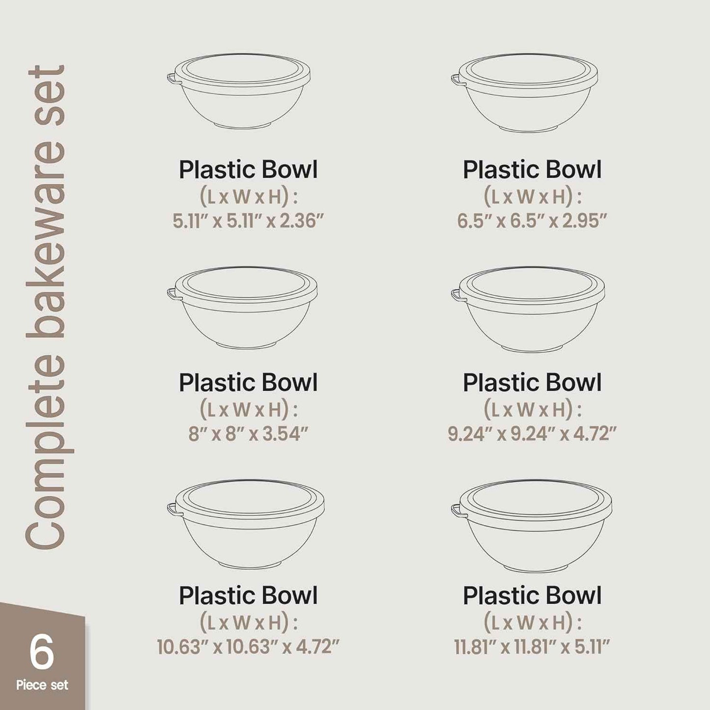 Bakken Master 12 Piece Plastic Nesting Bowls with Lids - Mixing Bowls Set includes 6 Prep Bowls and 6 Lids, BPA-Free, Reusable Meal Prep Containers, Microwave, Freezer & Dishwasher Safe, Brown