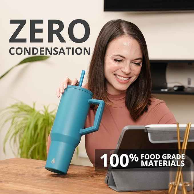 Elemental 40 oz Tumbler with Handle and Straw - Spill Proof Insulated Stainless Steel Commuter for Cold Beverages - Travel Coffee Mug with 2 Straws & Spill Proof Lid - 40oz - Teal