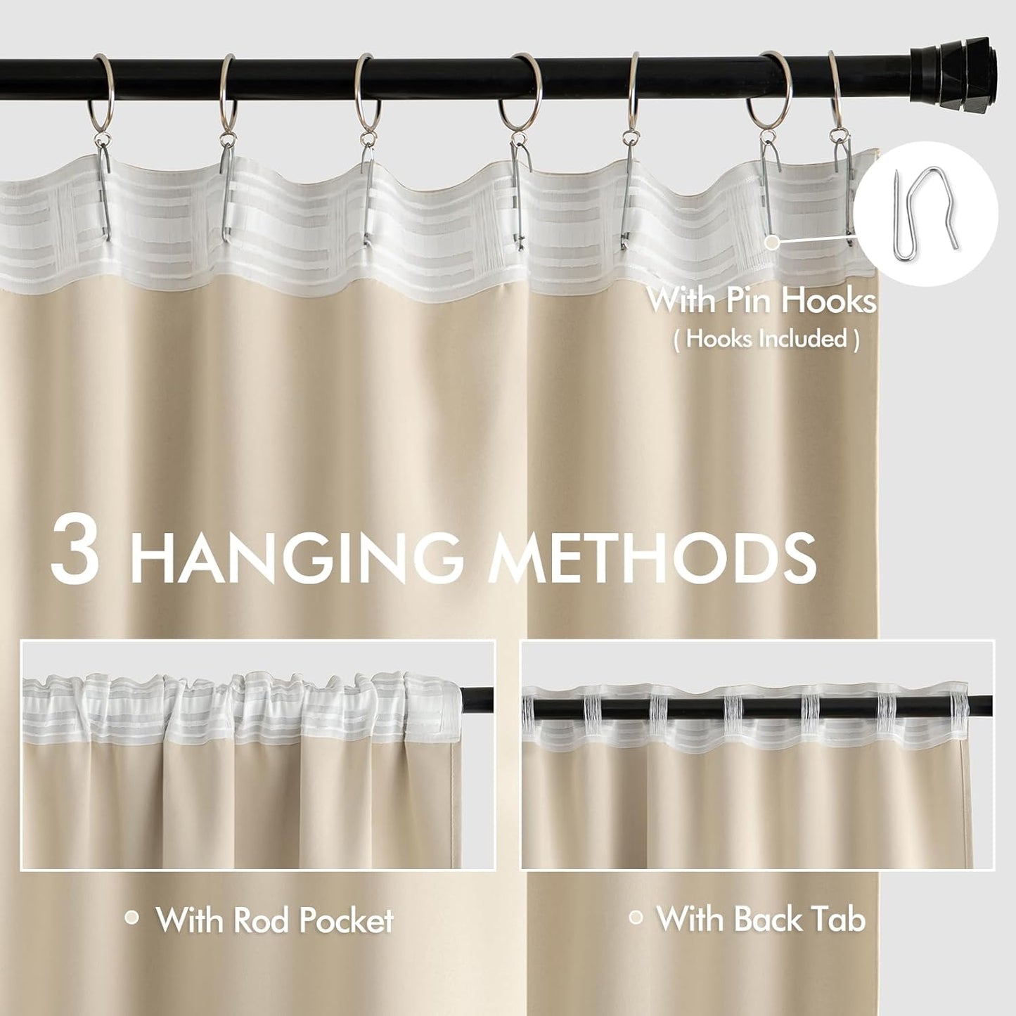 MIULEE Back Tab Cream Beige Curtains 92 Inch Long 2 Panels Set for Living Room Bedroom, Ivory Rod Pocket/Pinch Pleated Light Blocking Thermal Insulated Room Darkening Floor to Ceiling Blackout Drapes