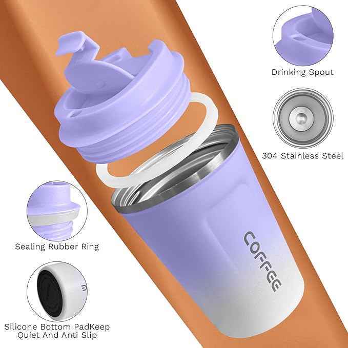 SPLMIFA Travel Coffee Mugs Leak-Proof, Reusable Coffee Cup with Lids, Stainless Steel Vacuum Insulated Coffee Tumblers, Thermal Insulation Cup for Men & Women Hot & Cold Drinks(2nd-Purple White, 17OZ)