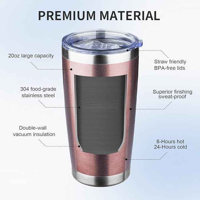 20oz Tumbler with Lid and Straw Double Wall Powder Coated Vacuum Insulated Coffee Tumbler Stainless Steel Insulated Travel Coffee Mug Spill-Proof Thermal Cup for Hot and Cold Beverage,Rose Gold