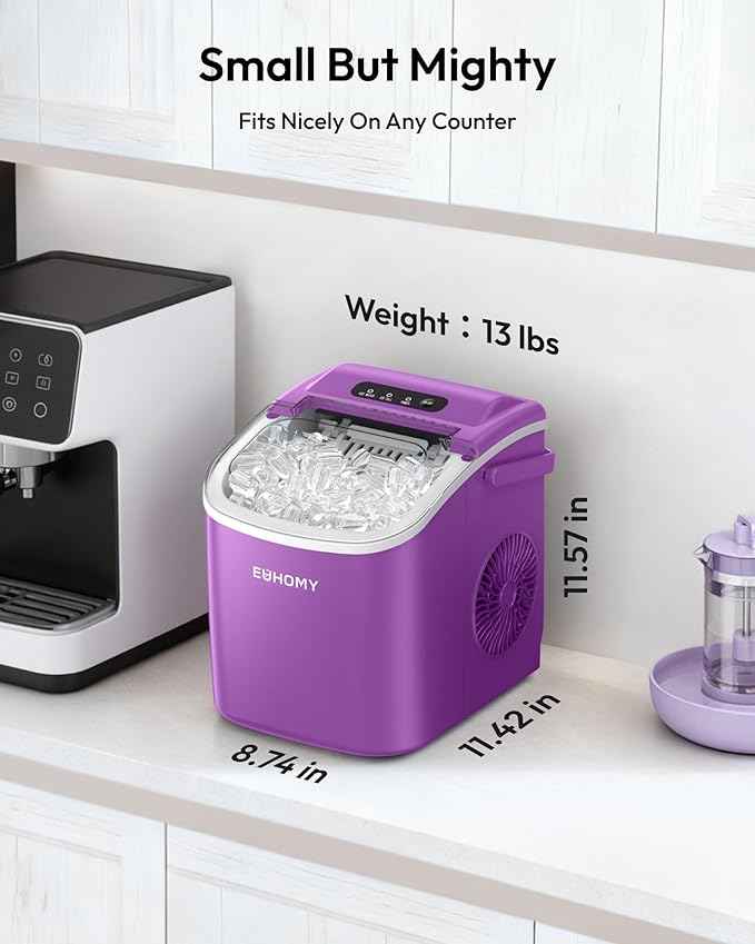 EUHOMY Countertop Ice Maker Machine with Handle, 26lbs Per Day, 9 Ice Cubes Ready in 6 Mins, Auto-Cleaning Portable Ice Maker with Basket and Scoop, for Home/Kitchen/Camping/RV (Purple)