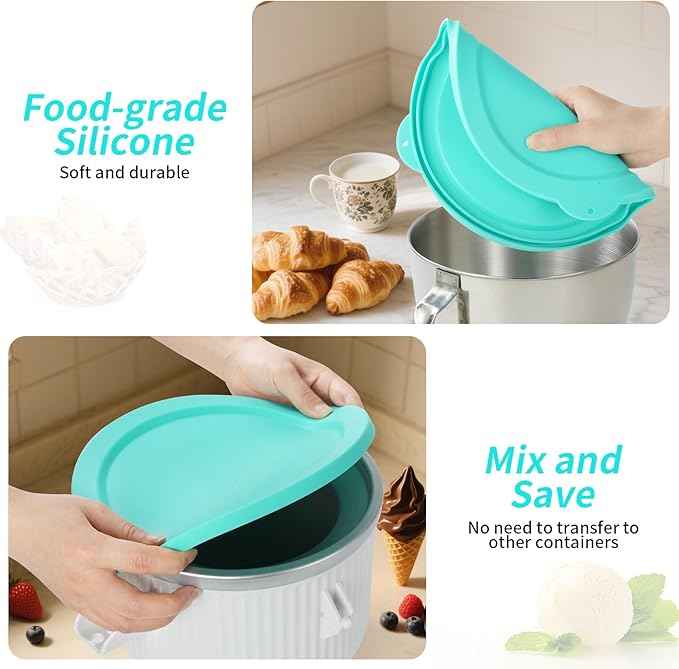 Silicone Lid Compatible with KitchenAid 2QT Ice Cream Mixing Bowl and 5QT Stainless Steel Bowl, Dishwasher Safe, Microwave Up to 200°C (392°F), Freezer Safe (Not Included)