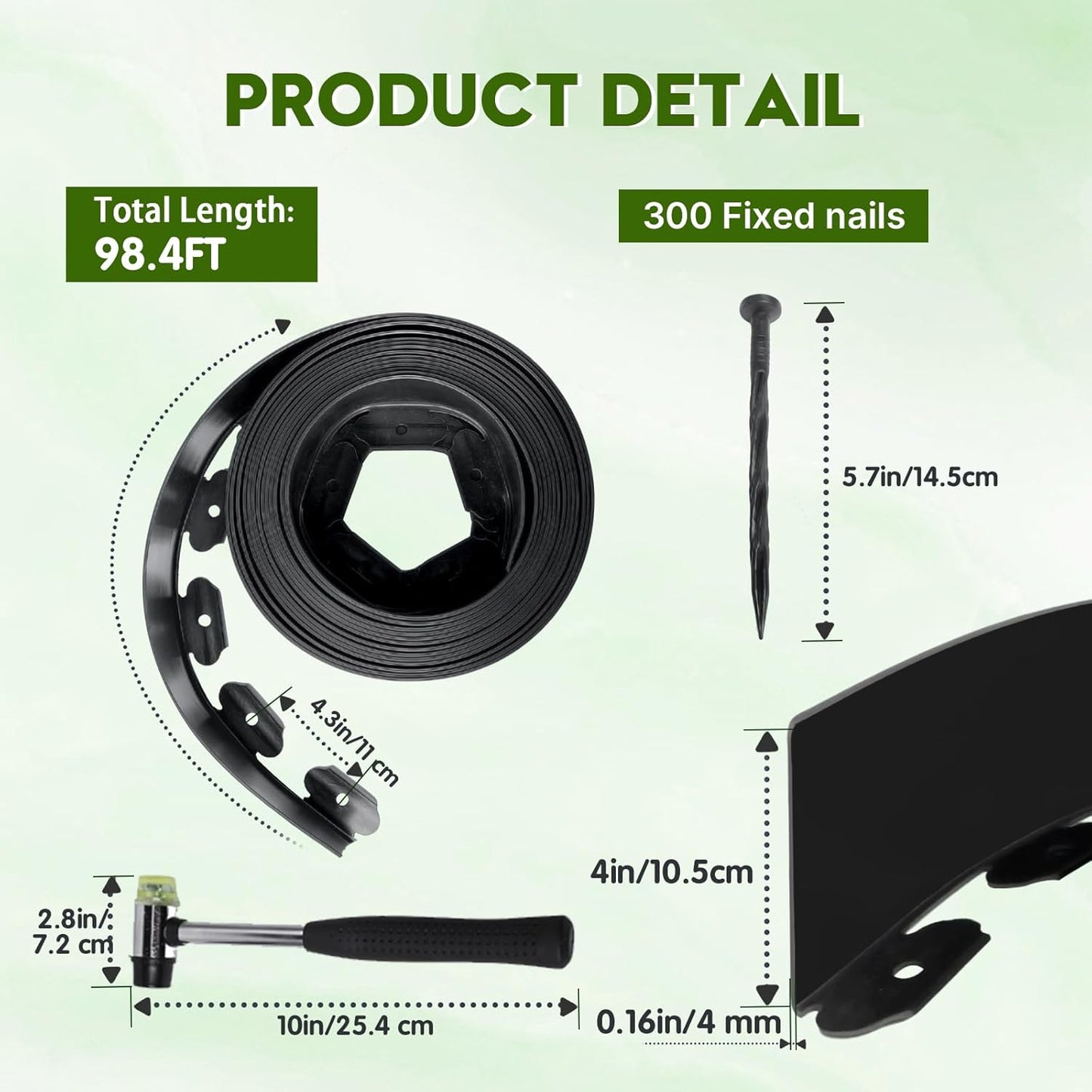 No Dig Landscape Edging 4" x 98.4FT Kit, Plastic Edging for Landscaping with 100 Spikes for Garden, Lawn, Flower Beds and Yard