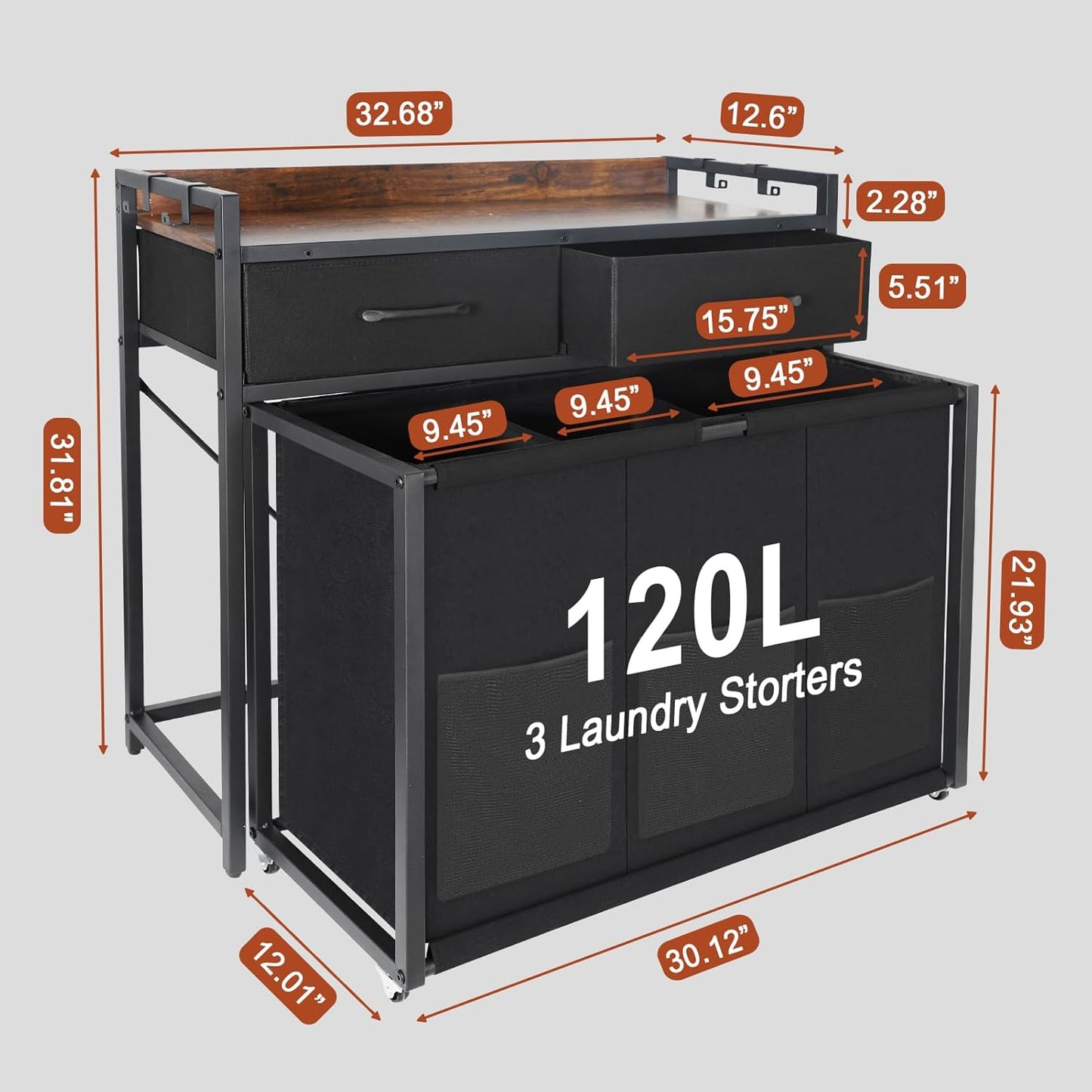 Rolling Laundry Sorter with wheels, Laundry Hamper 3 Section with shelf - 3 × 10.5 Gal (120L) Capacity, Laundry Basket with Drawers for Clothes-1 Storage Shelf, Laundry Organizer for Laundry Room