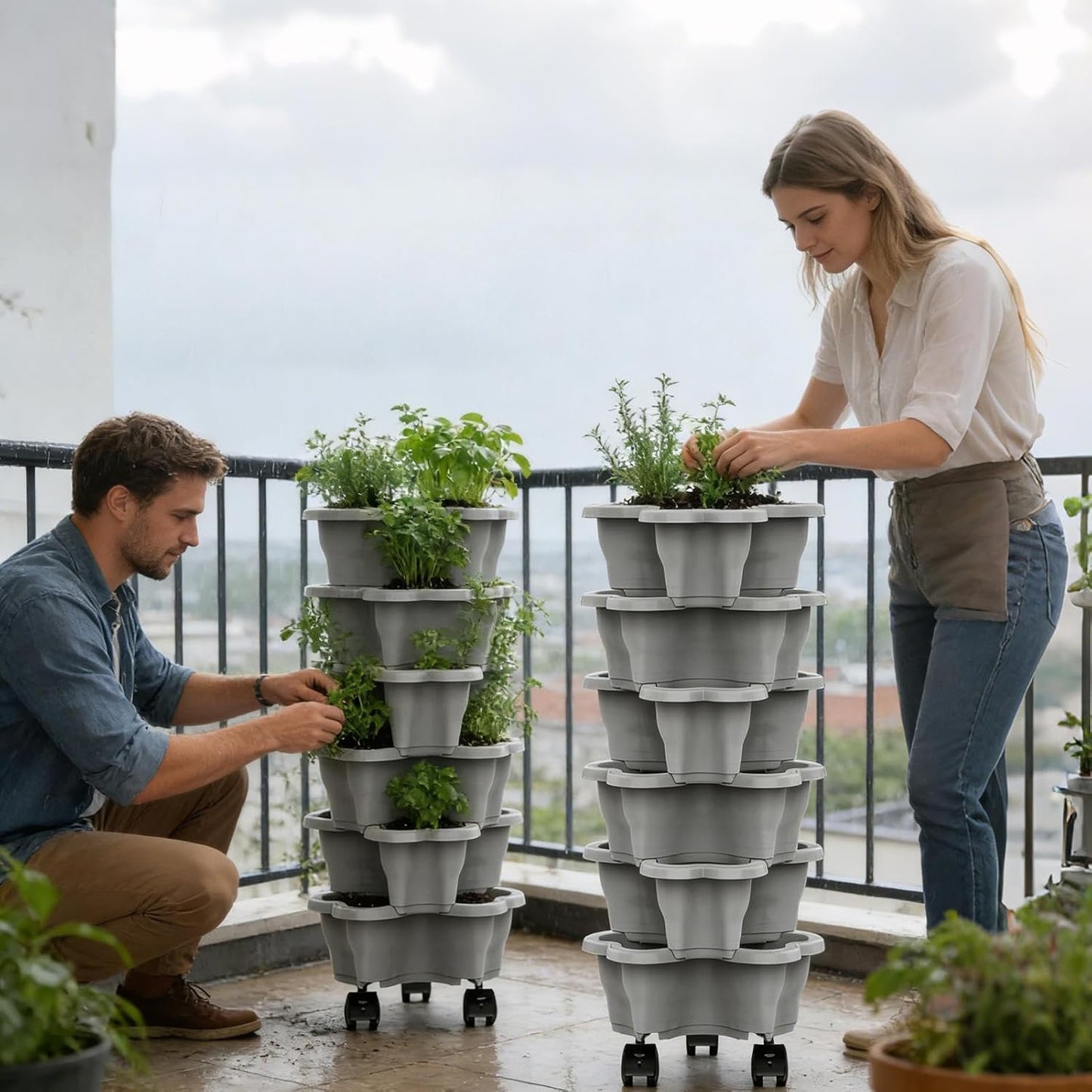Vertical Planter Tower - 6 Tier Stackable Garden Planters with Wheels for Strawberry Flower and Vegetable Indoor Outdoor Use Gray