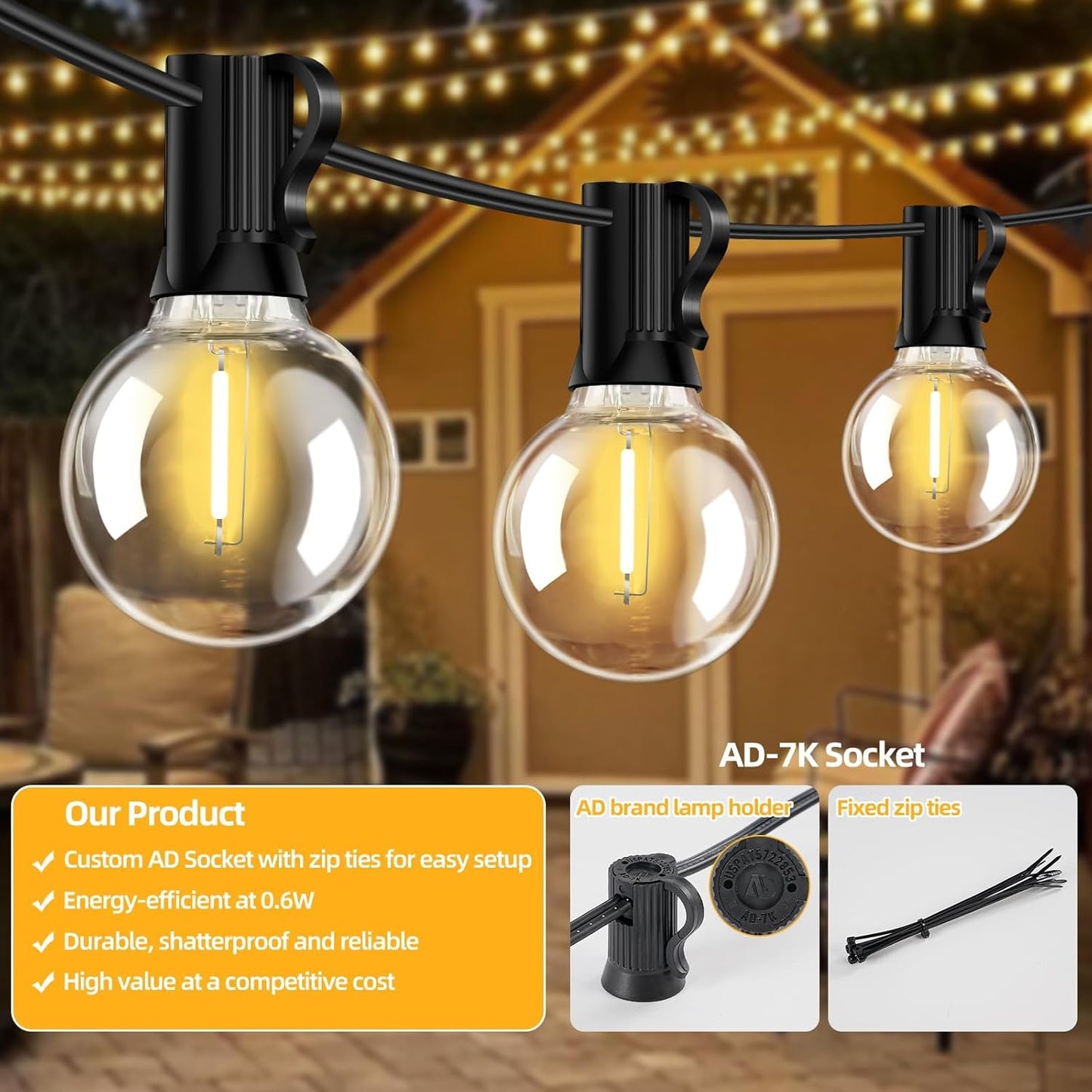 100FT G40 LED Outdoor String Lights with 50 Shatterproof Bulbs + 2 Spares, E12 Socket, 2700K Warm White, Weatherproof Black Cable, for Patio, Backyard, Wedding, Party, Porch, Deck, Gazebo, Camping