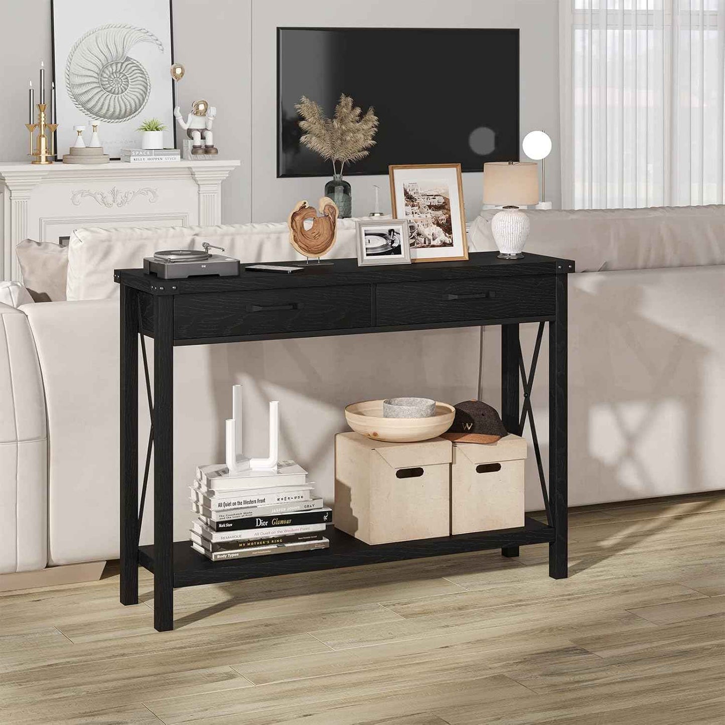 Farmhouse Console Table with 2 Drawers – Narrow Wood Sofa Table – Storage Shelf – Classic Entryway or Living Room Accent Furniture – Black