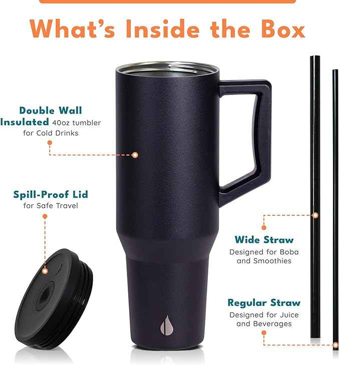 Elemental 40 oz Tumbler with Handle and Straw - Spill Proof Insulated Stainless Steel Commuter for Cold Beverages - Travel Coffee Mug with 2 Straws & Spill Proof Lid - 40oz - Black