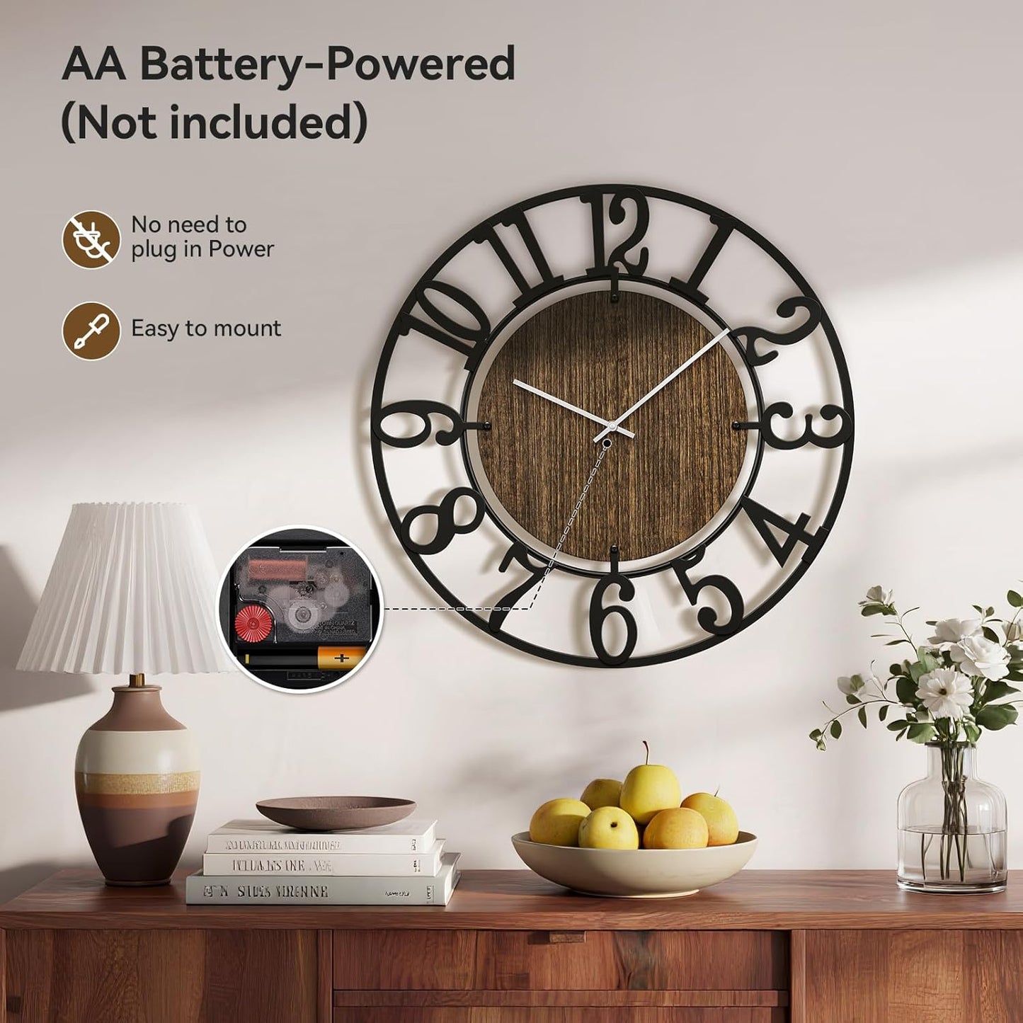 Large Wall Clocks, 20" Black Big Wall Clock for Living Room Decorative by Battery Operated, Oversized Farmhouse Silent Walls Clock with Metal Arabic Number for Office, Classroom, Bedroom