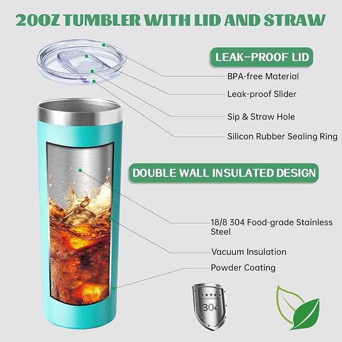 20 oz Skinny Tumbler with Lid and Straw,Stainless Steel Vacuum Insulated Tumbler Cup Double Wall Leak-proof Coffee Mug,Travel Thermal Water Tumbler for Home,Office,Outdoor(Teal,4)