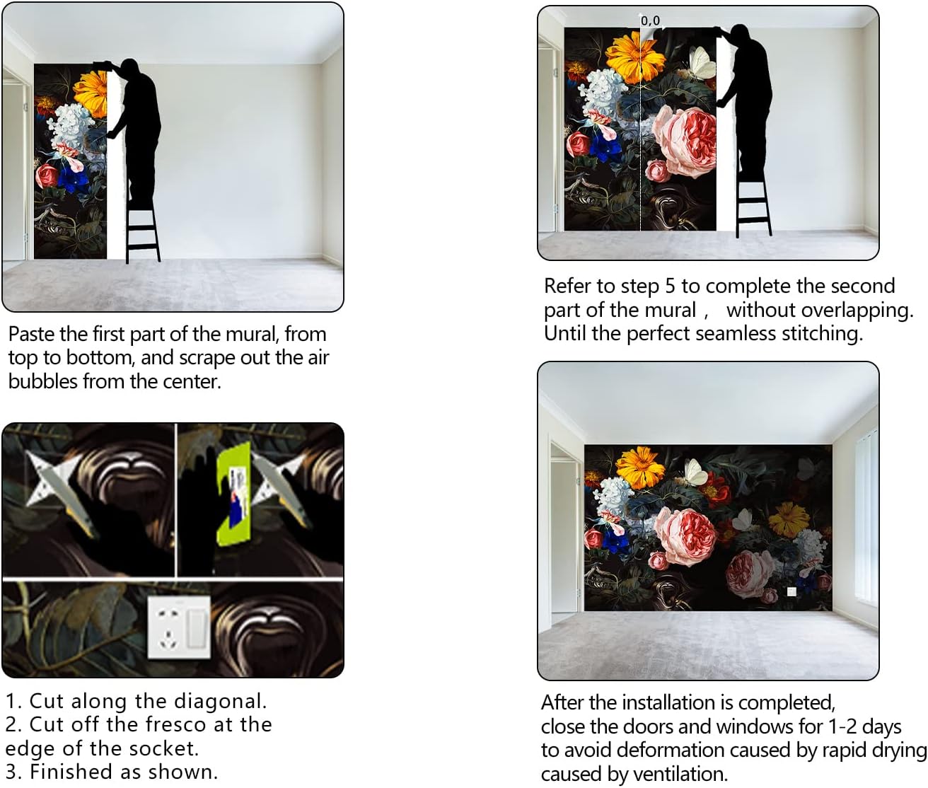 Vintage Black Flowers Mural Bedroom Peony Floral Wallpaper Room Decor Living Room tv Background Large Wall Mural - 160"x108" (Not Peel and Stick)