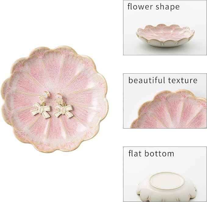 BEUNAIZER Jewelry Dish Tray, Ring Dish, Ceramic Trinket Tray, Key Bowl, Decorative Plate, for Friends Sisters Daughter Mother (pink)