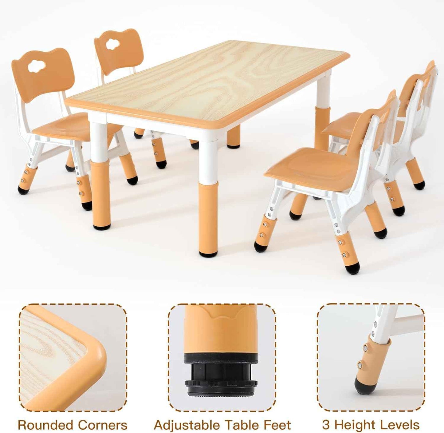 LulliSpace Kids Table and 4 Chairs Set，Height Adjustable Children Table & Chair，Toddlers Study Multi-Activity Table with 47.2"x23.6" Wipe-Clean Desktop，for Classrooms, Homes & Daycares