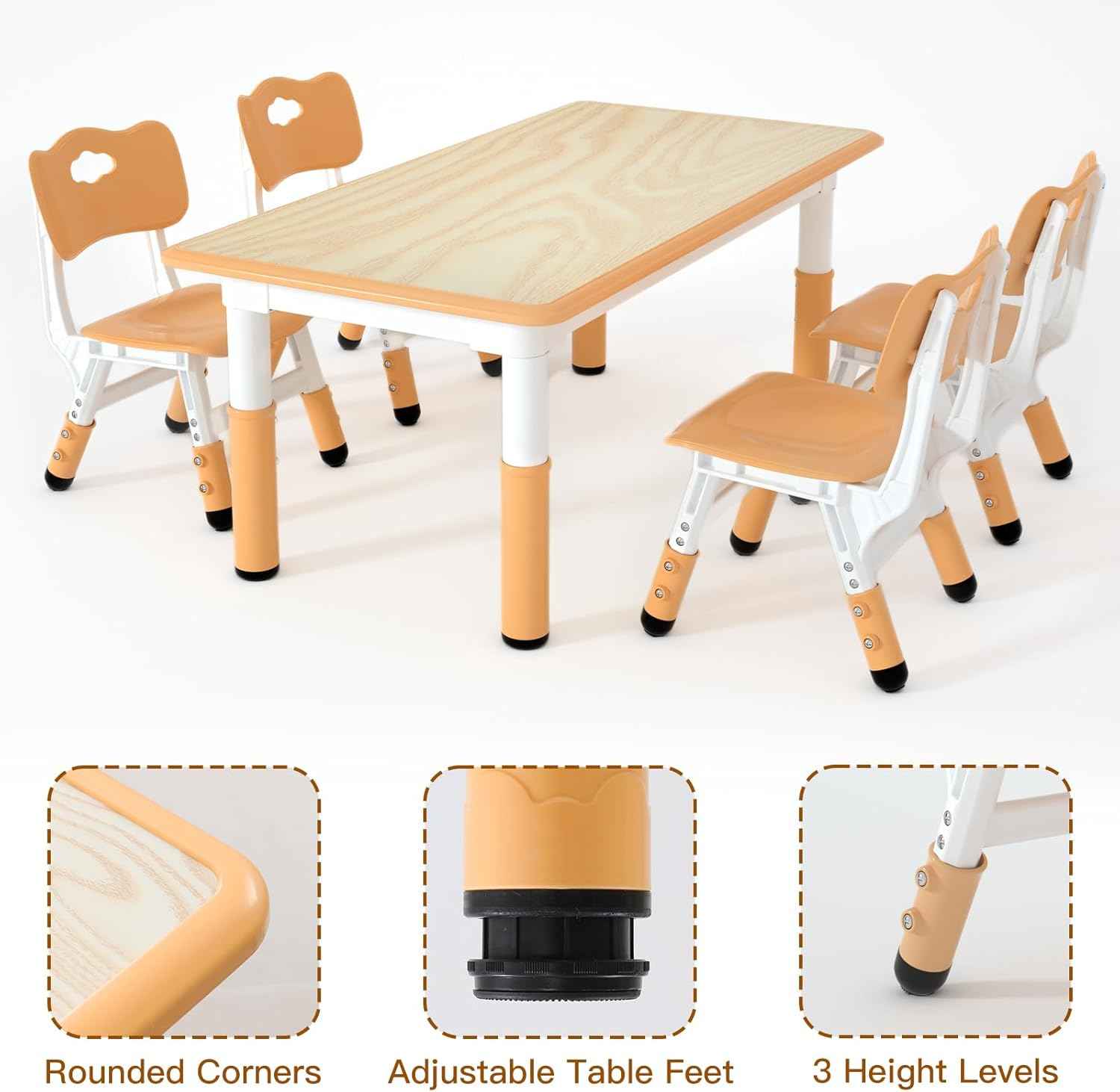 LulliSpace Kids Table and 4 Chairs Set，Height Adjustable Children Table & Chair，Toddlers Study Multi-Activity Table with 47.2"x23.6" Wipe-Clean Desktop，for Classrooms, Homes & Daycares