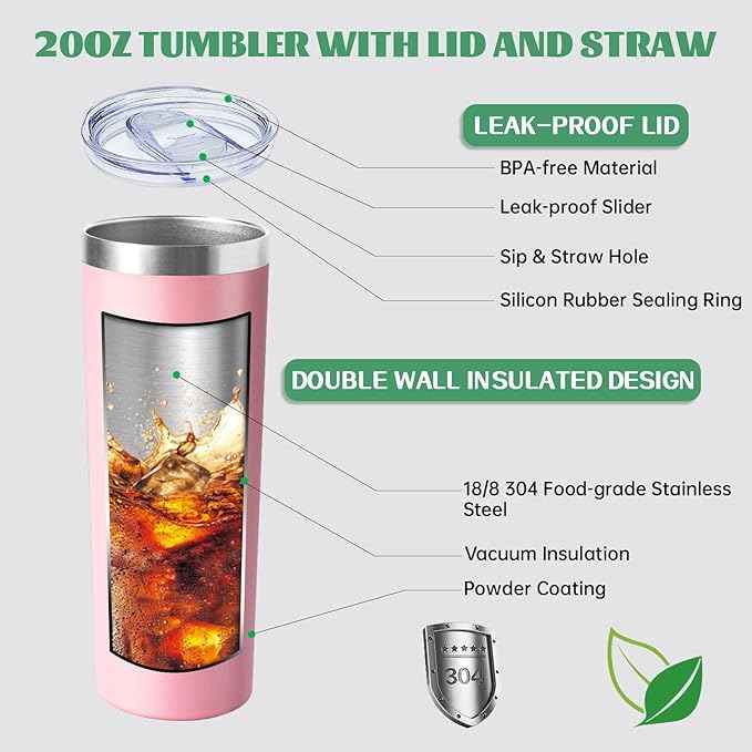 20 oz Skinny Tumbler with Lid and Straw,Stainless Steel Vacuum Insulated Tumbler Cup Double Wall Leak-proof Coffee Mug,Travel Thermal Water Tumbler for Home,Office,Outdoor (Pink,1)