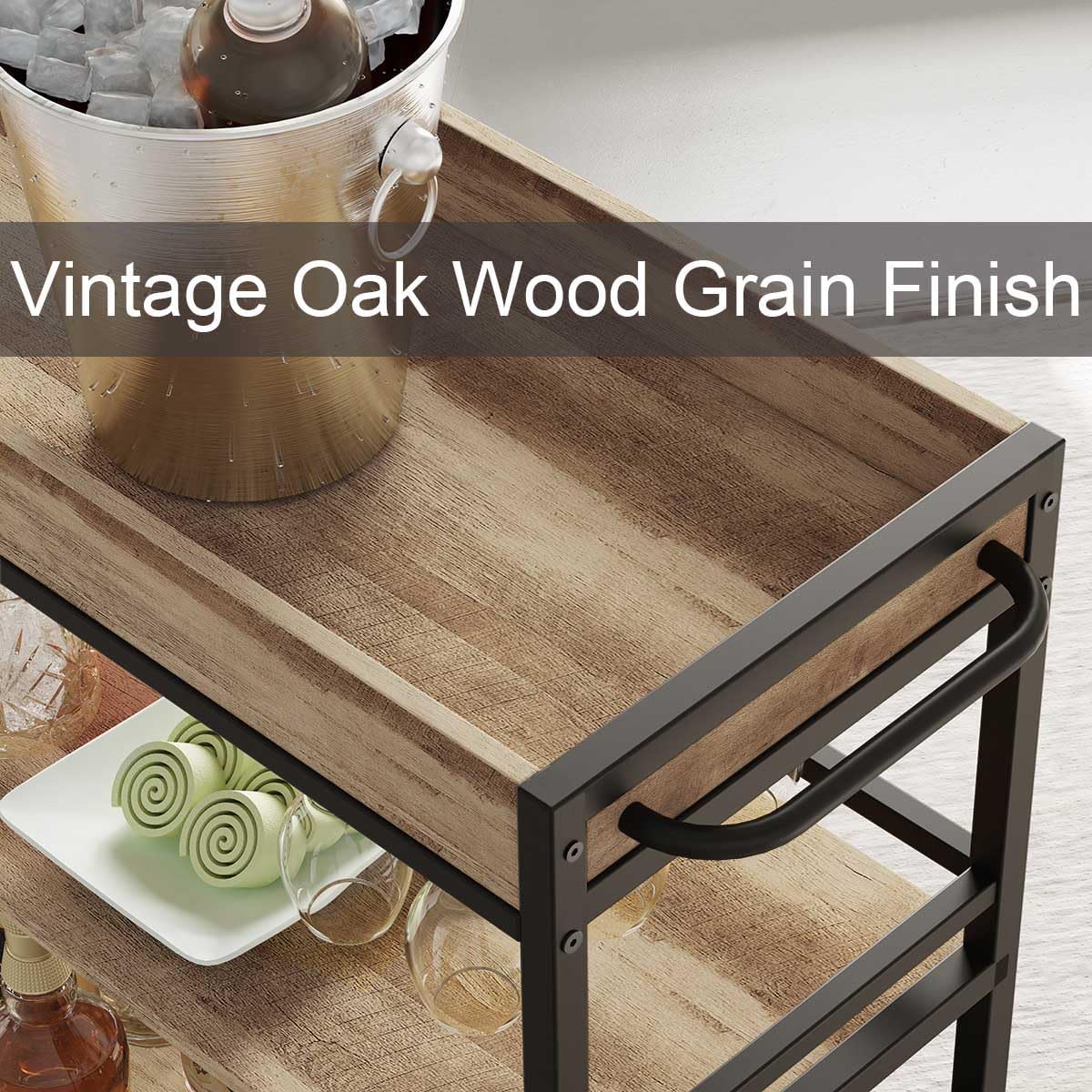 BON AUGURE Bar Cart for The Home, Bar Serving Carts on Wheels, 3 Tier Storage Drink Trolley, Rolling Wood and Metal Liquor Beverage Cart (Vintage Oak)