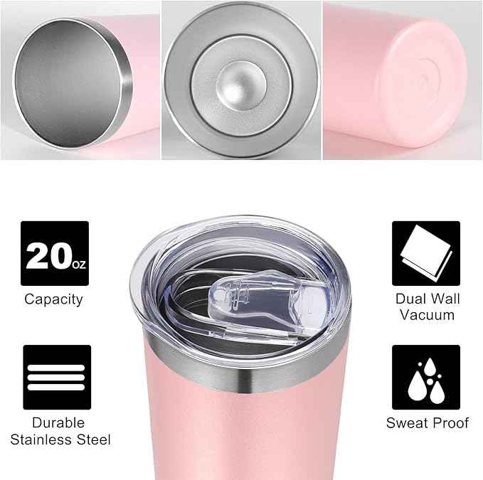 VEGOND Stainless Steel Tumblers Bulk 6 Pack, 20 oz Vacuum Insulated Skinny Tumblers with Lid and Straw, Double Wall Coffee Mug, Travel Water Cup, Light Pink