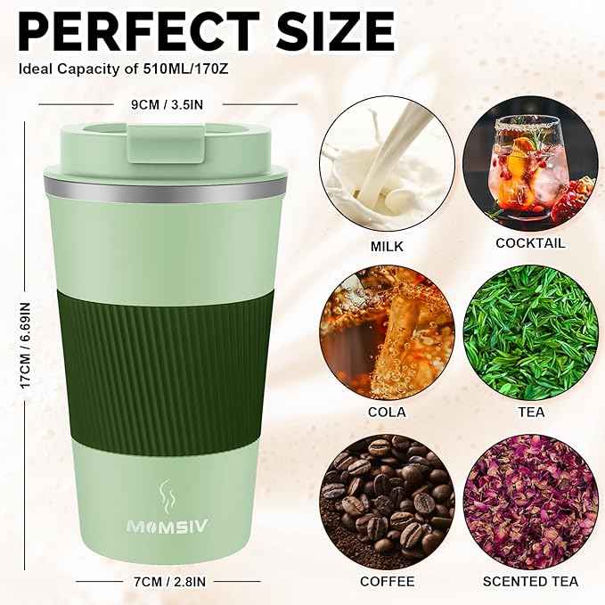 MOMSIV 17oz Travel Mug, Insulated Coffee Cup with Leakproof Lid, Vacuum Stainless Steel Double Walled Reusable Tumbler for Hot and Cold Water Coffee and Tea In Travel and Car