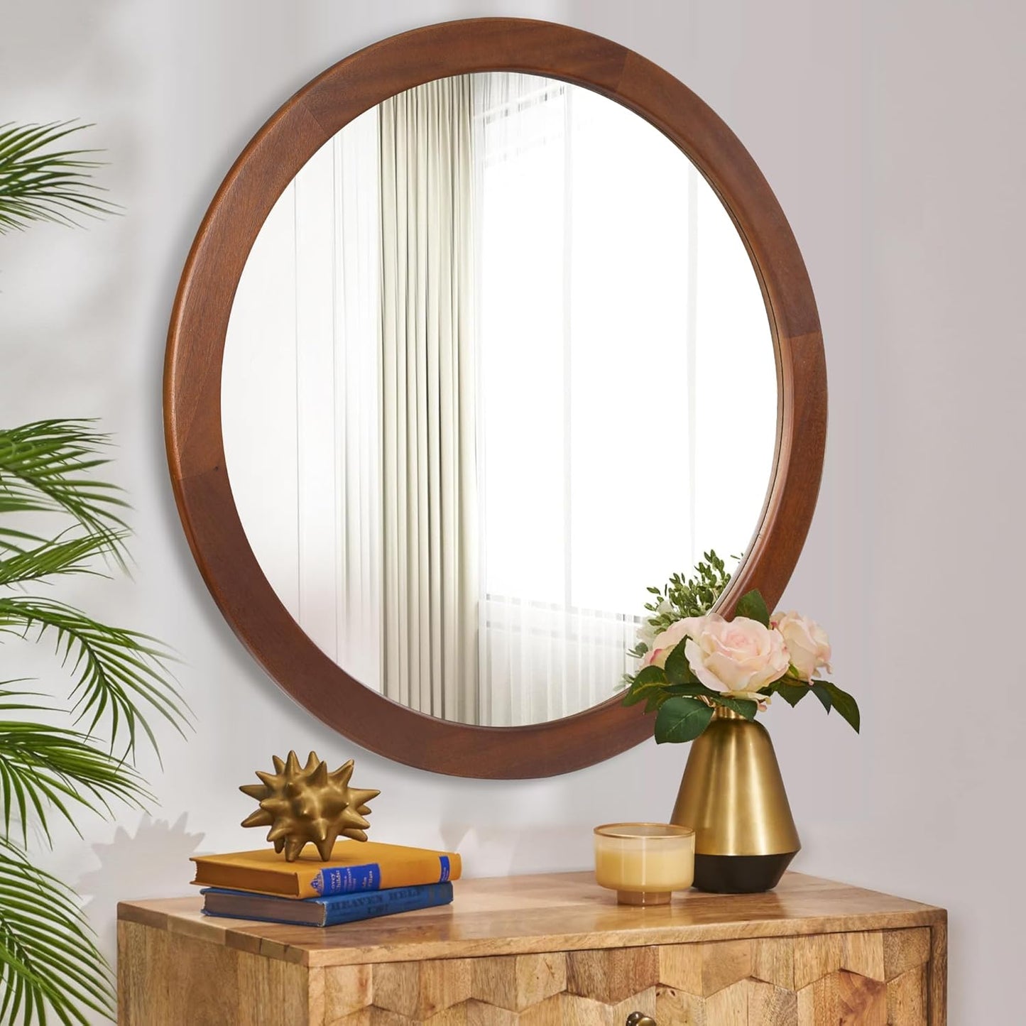 CULER Round Mirror 36 Inch,Wood Rustic Bathroom Tempered Wall Mirror with Walnut Frame,Farmhouse Wooden Vanity Circle Mirrors for Living Room,Entryway or Bedroom（Walnut Brown）