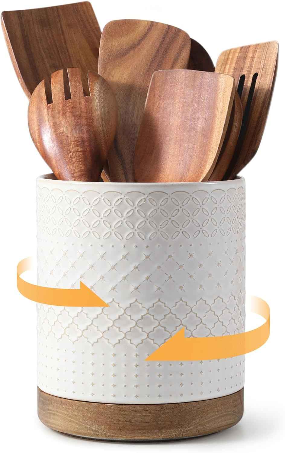 DOWAN 360° Rotating Extra Large Cooking Utensil Holder, 7.6" Kitchen Utensil Holder for Countertop, Utensil Crock for Farmhouse Kitchen Decor, Ceramic Stable Utensil Caddy, White Embossed
