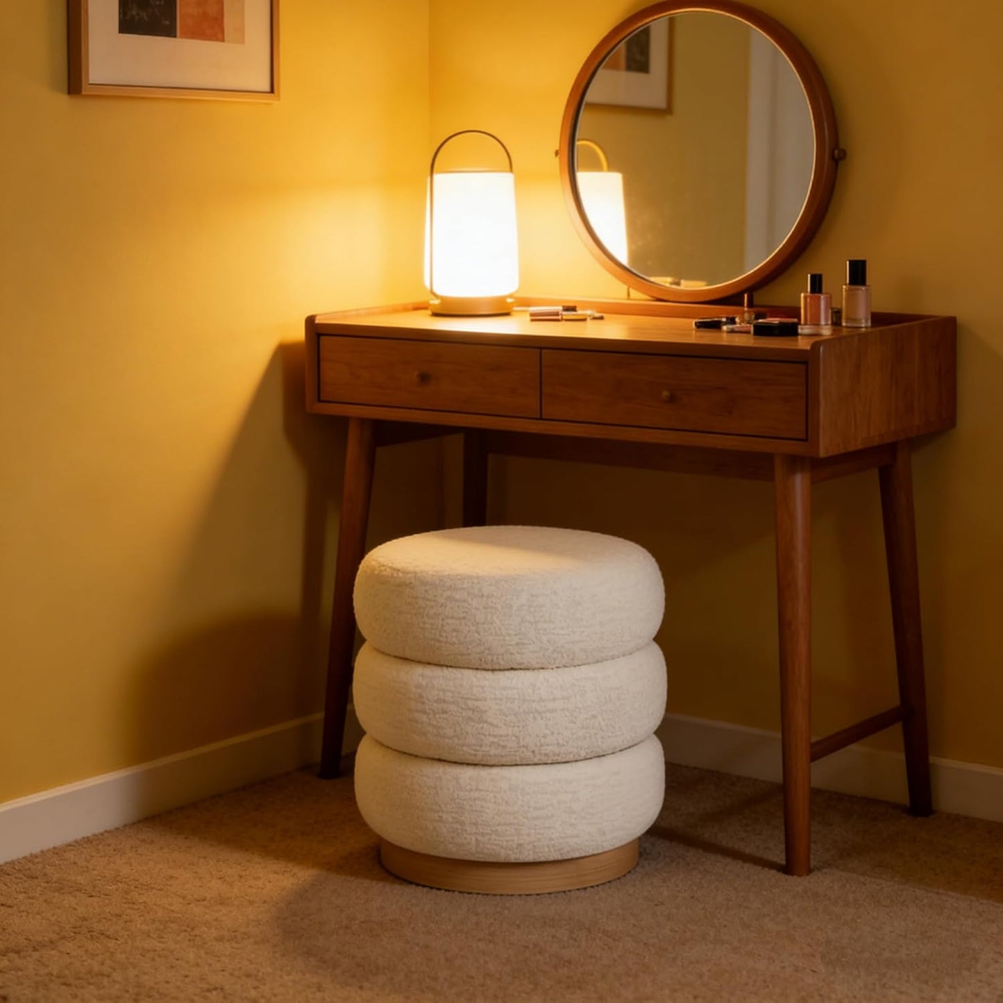 Velvet Round Pouf Ottoman, 16.5" Modern Upholstered Footrest Stool for Living Room & Bedroom Vanity, White