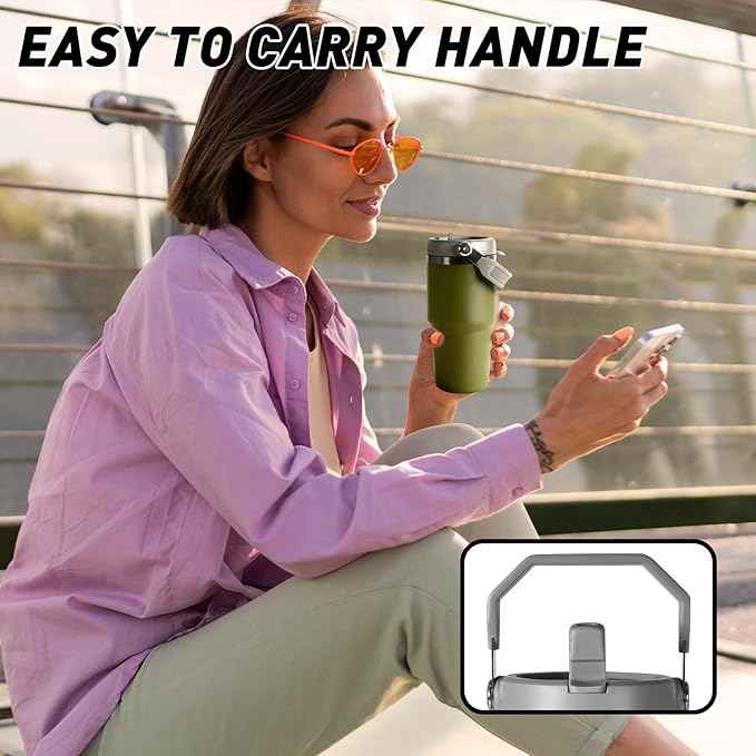 20 oz Tumbler with Handle, Insulated Tumbler with Lid and Flip Straw Leak Proof Double Wall Stainless Steel Vacuum Travel Coffee Mug Insulated Water Bottle Thermal Cup, Cupholder Friendly,Camp Green