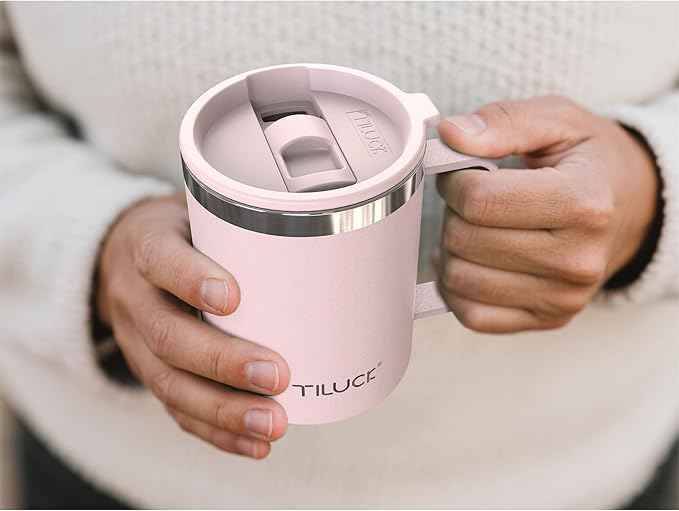 TILUCK 12 oz Insulated Coffee Mug with Lid, Double Wall Vacuum Insulated Travel Mug Cup with Handle for Hot or Cold Drinks（12oz，Matte LightPink）