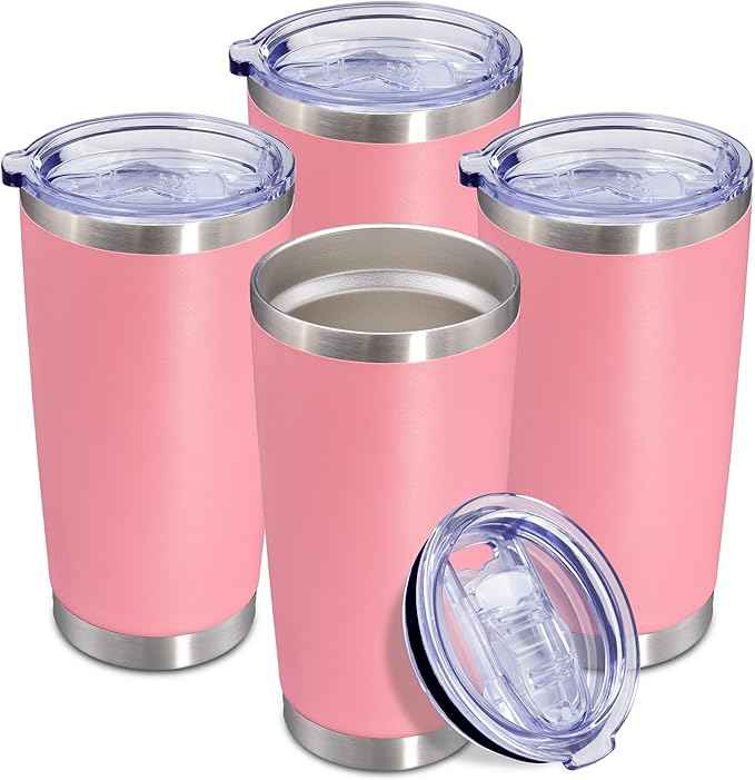 20 oz Tumbler Coffee Travel Tumblers Bulk with Lid Stainless Steel Double Wall Vacuum Insulated Mug Powder Coated Cups fit Car Cupholder for Hot and Cold - Pink, 4Pack