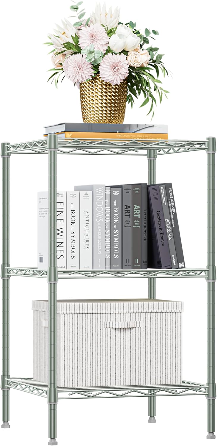 750 lbs 3-Shelf Storage Shelves Wire Shelving Unit Standing Metal Rack for Small Places Narrow Wire Rack for Bathroom, Green 13.8 D x 13.8" W x 25.5" H