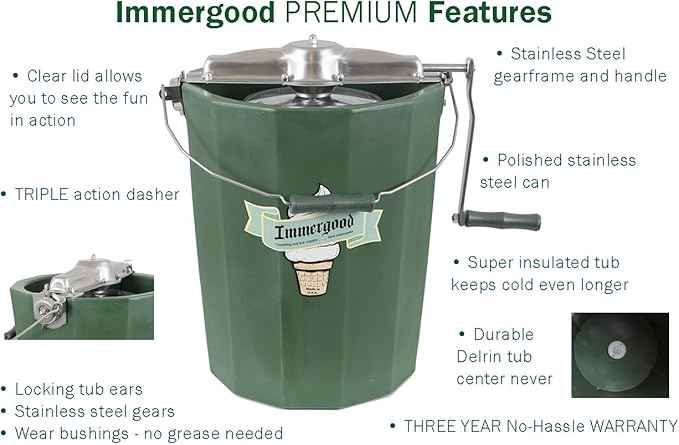 PREMIUM Large 8 qt. - Immergood Ice Cream Maker - Stainless Steel - Hand Crank