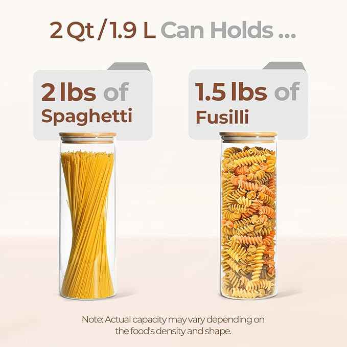 ComSaf Glass Spaghetti Pasta Storage Container with Lids 2 Qt Set of 3, Tall Clear Airtight Food Storage Jar with Wood Cover Kitchen Pantry Storage Container for Noodles Flour Cereal Coffee Beans