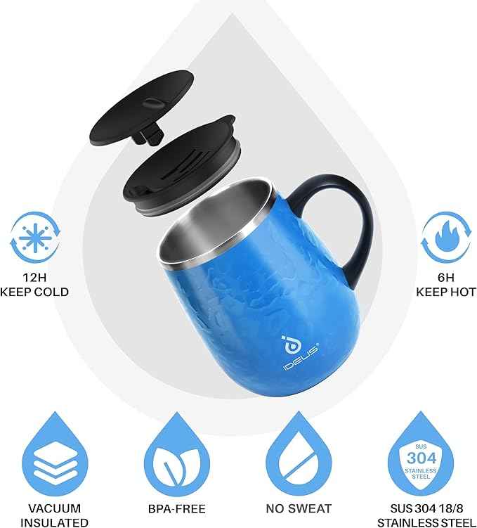 Ideus 16 oz (470 ml) Insulated Coffee Mug with Handle and Lid, Double Wall Stainless Steel Vacuum Thermal Coffee Mug, Travel Coffee Cup Thermal Cup for Home and Office (Leopard Blue)