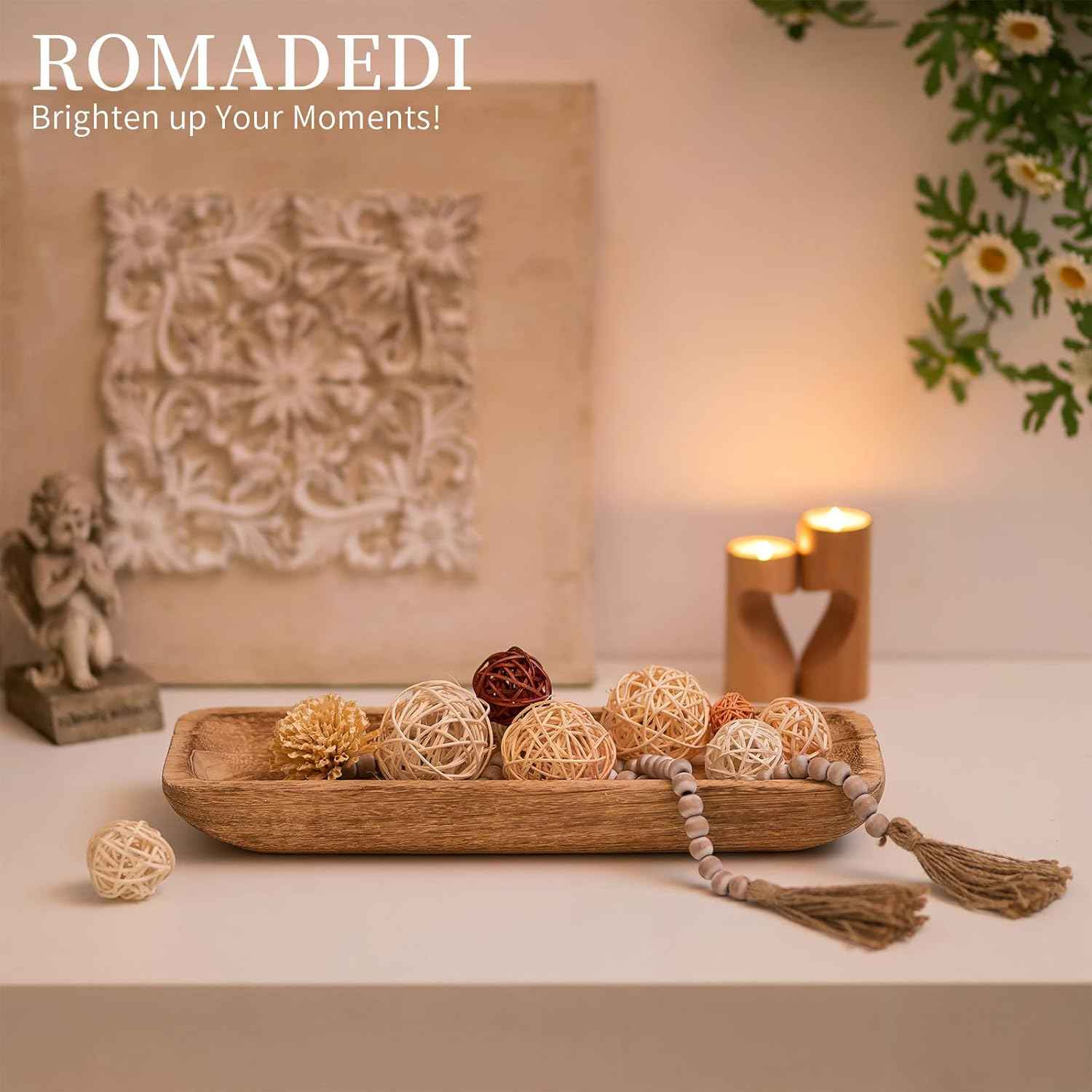 Romadedi Decorative Bowls for Home Decor, Wooden Dough Bowl for Decor, 16" Large Wood Bowl for Kitchen Table Centerpieces, Long Narrow Wooden Tray for Dining Table Decor Centerpiece