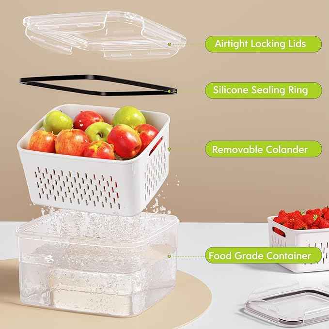 6 PCS Fruit Storage Containers for Fridge with 6 Removable Colanders, BPA Free Fruit Containers for Fridge, Dishwasher & Microwave Safe Produce Containers Keep Fruits, Vegetable, Berry Fresh Longer